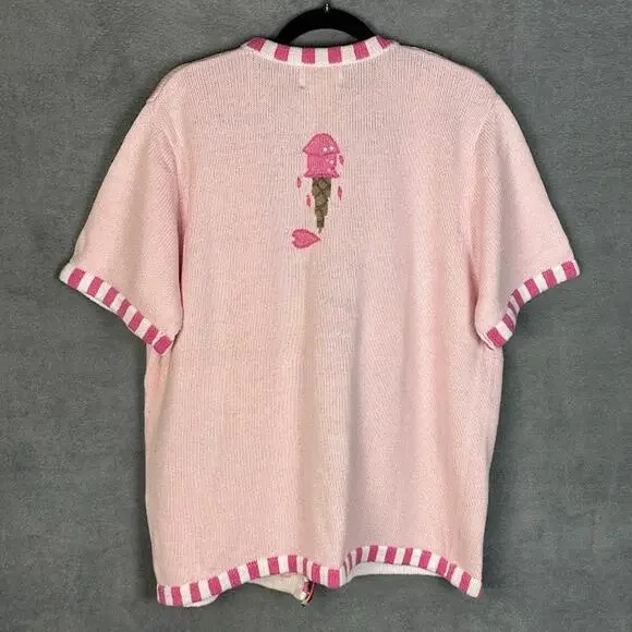 Quacker Factory Sweater Large Pink Fruit Cardigan Short Sleeve Summer Picnic - Picture 6 of 12
